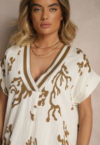 Renee - Brązowo-Beżowa Pudełkowa Sukienka z Wiskozą i Lnem Sadeone. Okazja: na co dzień. Kolor: brązowy. Materiał: wiskoza, len. Styl: casual, elegancki