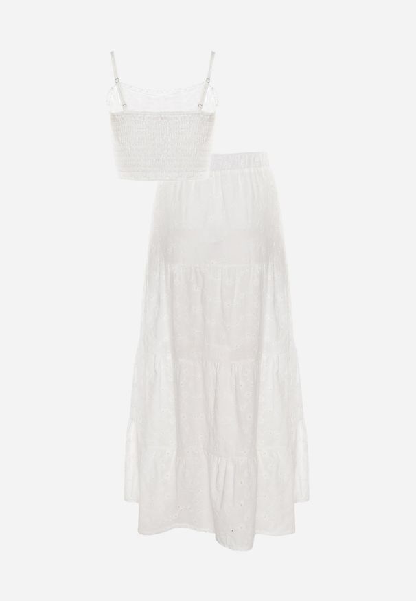 Renee - Biały Boho Komplet Top z Haftowanej Tkaniny Spódnica z Gumką w Talii i Falbanką Worpia. Kolor: biały. Materiał: tkanina. Wzór: haft