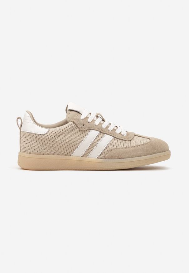 Born2be - Beżowe Skórzane Sneakersy z Geometrycznym Wzorem Nanovia. Okazja: na co dzień. Kolor: beżowy. Materiał: skóra. Wzór: geometria