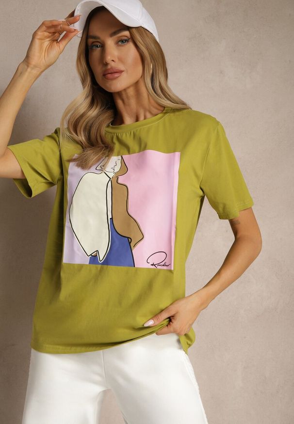 Renee - Zielony Bawełniany T-shirt z Geometrycznym Nadrukiem Mepressa. Okazja: na co dzień. Kolor: zielony. Materiał: bawełna. Długość rękawa: krótki rękaw. Długość: krótkie. Wzór: geometria, nadruk. Sezon: lato, wiosna. Styl: klasyczny, elegancki, casual