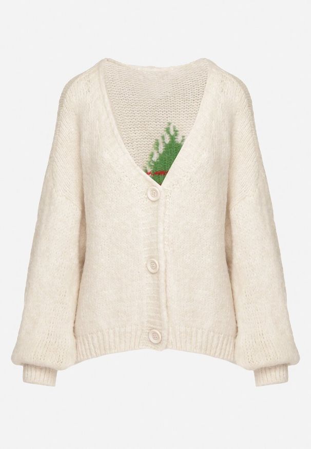 Born2be - Jasnobeżowy Kardigan z Wełną Ozdobiony Wiśnią i Napisem Irissora. Kolor: beżowy. Materiał: wełna. Wzór: aplikacja, napisy. Styl: elegancki, klasyczny