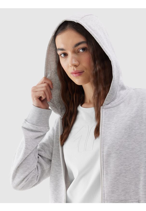 4f - 4F Bluza dresowa rozpinana z kapturem damska - szara L. Okazja: na co dzień. Typ kołnierza: kaptur. Kolor: szary. Materiał: dresówka. Wzór: gładki, ze splotem. Styl: casual, sportowy