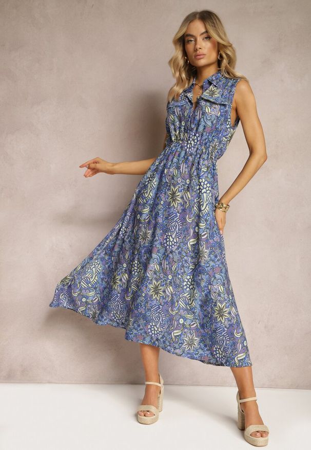 Renee - Niebieska Kwiecista Sukienka o Rozkloszowanym Kroju Tirana. Okazja: na co dzień. Kolor: niebieski. Długość rękawa: krótki rękaw. Sezon: wiosna. Typ sukienki: rozkloszowane, proste. Styl: casual