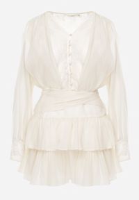 Renee - Jasnobeżowa Sukienka z Bawełną z Koronkowymi Wstawkami i Wiązaniem w Stylu Boho Oriposi. Kolor: beżowy. Materiał: bawełna, koronka. Wzór: paski, ażurowy, koronka. Styl: boho #5