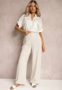 Renee - Jasnobeżowe Spodnie z Szerokimi Prostymi Nogawkami High Waist z Lnem Amivesa. Okazja: na spotkanie biznesowe, do pracy. Stan: podwyższony. Kolor: beżowy. Materiał: len. Styl: biznesowy