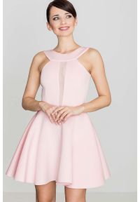 Katrus - Różowa Efektowna Rozkloszowana Sukienka z Transparentną Wstawką. Kolor: różowy. Materiał: poliester