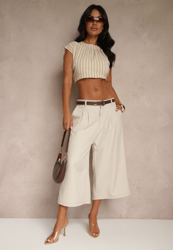 Renee - Jasnobeżowe Eleganckie Spodnie Typu Culottes Silunea. Okazja: na spotkanie biznesowe, do pracy, na co dzień. Kolor: beżowy. Styl: elegancki