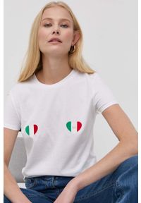 Elisabetta Franchi t-shirt bawełniany kolor biały. Okazja: na co dzień. Kolor: biały. Materiał: bawełna. Długość rękawa: krótki rękaw. Długość: krótkie. Wzór: haft. Styl: casual