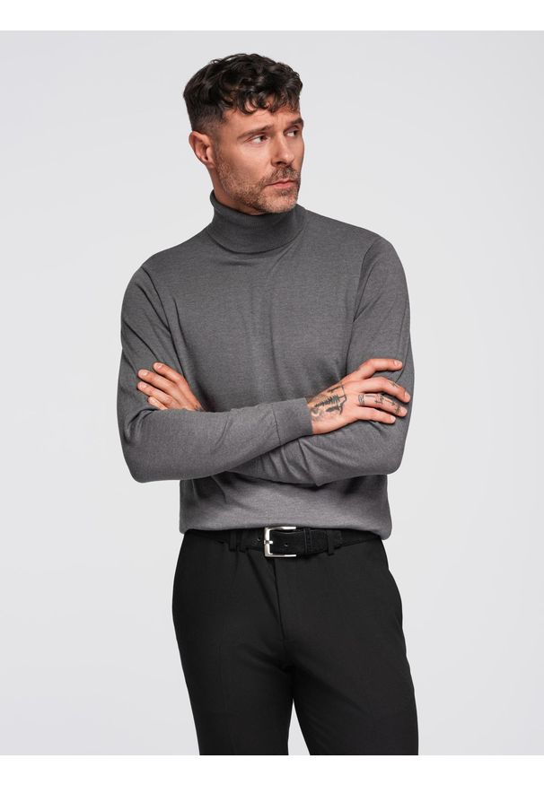 Ombre Clothing - Jednokolorowy męski dzianinowy golf z wiskozą – szary melanż V2 - Rozmiar: S. Okazja: na co dzień. Typ kołnierza: golf. Kolor: szary. Materiał: dzianina, wiskoza. Wzór: melanż. Styl: casual, klasyczny