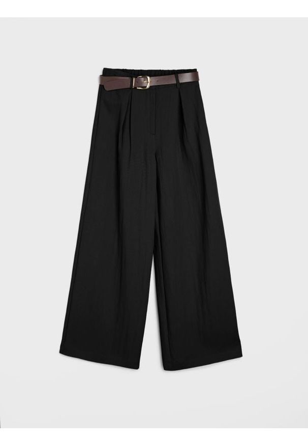 Sinsay - Spodnie wide leg z paskiem z domieszką wiskozy - czarny. Kolor: czarny. Materiał: wiskoza