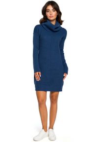 MOE - Niebieski Długi Sweter- Sukienka z Szerokim Golfem. Typ kołnierza: golf. Kolor: niebieski. Materiał: akryl. Długość: długie