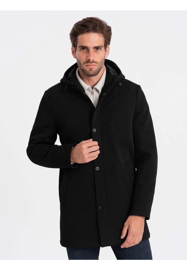 Ombre Clothing - Męski ocieplany płaszcz z kapturem i krytym zamkiem - czarny V1. Typ kołnierza: kaptur. Kolor: czarny. Materiał: tkanina, poliester