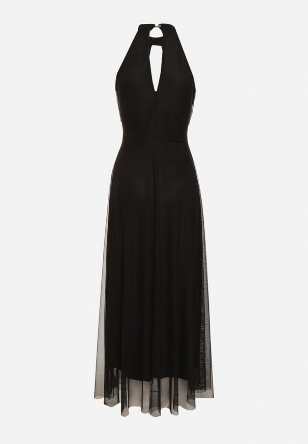 Born2be - Czarna Wieczorowa Sukienka ze Stójką Wiązana w Talii Ozdobiona Siateczką Nestasoni. Okazja: na imprezę. Typ kołnierza: kołnierzyk stójkowy. Kolor: czarny. Materiał: satyna. Długość rękawa: bez rękawów. Wzór: aplikacja. Styl: wizytowy