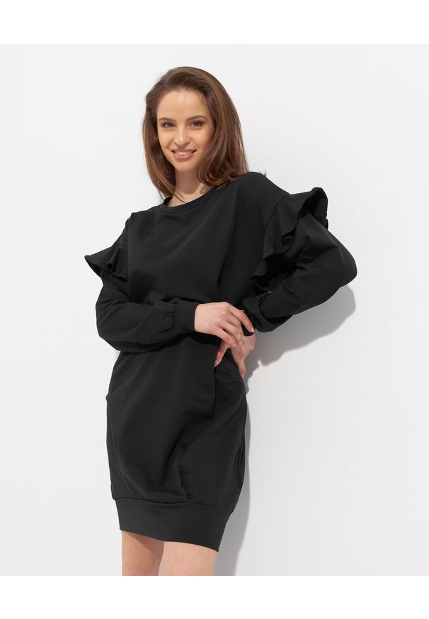 Liu Jo - LIU JO - Czarna sukienka z falbaną. Kolor: czarny. Materiał: bawełna, materiał. Wzór: aplikacja. Styl: klasyczny. Długość: mini