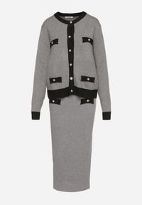 Born2be - Czarno-Szary Dzianinowy Komplet z Bawełną Kardigan i Spódnica Amantta. Kolor: czarny. Materiał: dzianina, bawełna #2