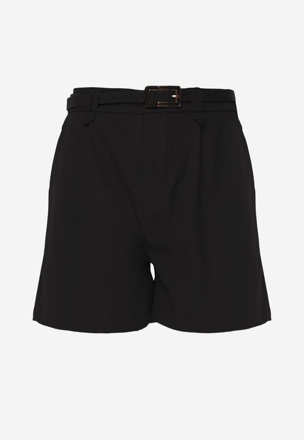 Born2be - Czarne Szorty Typu Bermudy z Paskiem i Prostokątną Klamrą Tinalora. Okazja: na co dzień. Kolor: czarny. Sezon: lato. Styl: elegancki, casual