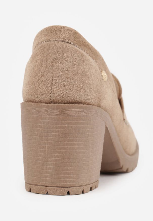 Born2be - Ciemnobeżowe Półbuty na Słupku z Niską Platformą w Stylu Mokasynów z Imitacji Zamszu Aricandia. Okazja: do pracy. Kolor: beżowy. Materiał: zamsz. Obcas: na platformie. Wysokość obcasa: średni