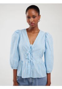 Big-Star - Bluzka damska z baskinką w drobną kratkę niebieska Sori 401. Okazja: na co dzień. Kolor: niebieski. Materiał: bawełna, jeans. Wzór: kratka. Styl: elegancki, klasyczny, casual #5