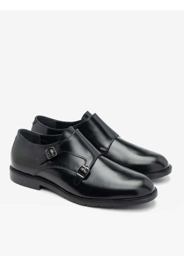 Ryłko - Czarne eleganckie monki. Okazja: na co dzień. Zapięcie: bez zapięcia. Kolor: czarny. Materiał: skóra. Styl: elegancki