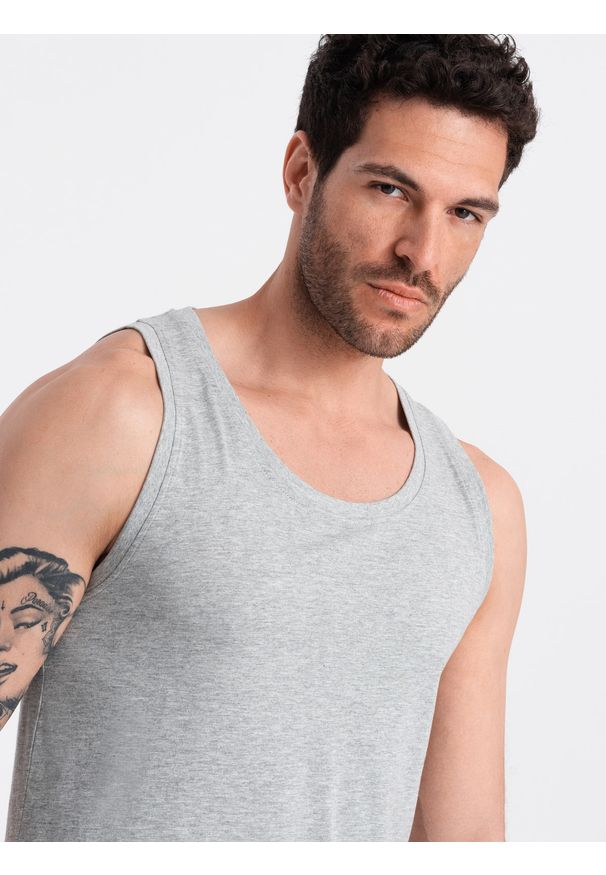 Ombre Clothing - Męska bawełniana koszulka tank top BASIC – szary melanż V2 - Rozmiar: L. Okazja: na co dzień. Kolor: szary. Materiał: bawełna. Długość rękawa: na ramiączkach. Wzór: melanż. Sezon: lato. Styl: sportowy, casual, elegancki