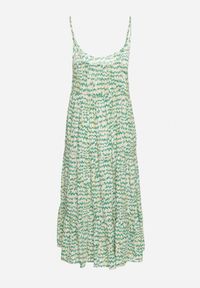 Born2be - Zielona Wiskozowa Sukienka z Cienkimi Ramiączkami Ozdobiona Guzikami i Falbanką Vikini. Typ kołnierza: dekolt w kształcie V. Kolor: zielony. Materiał: wiskoza. Długość rękawa: na ramiączkach. Wzór: aplikacja. Styl: klasyczny #4