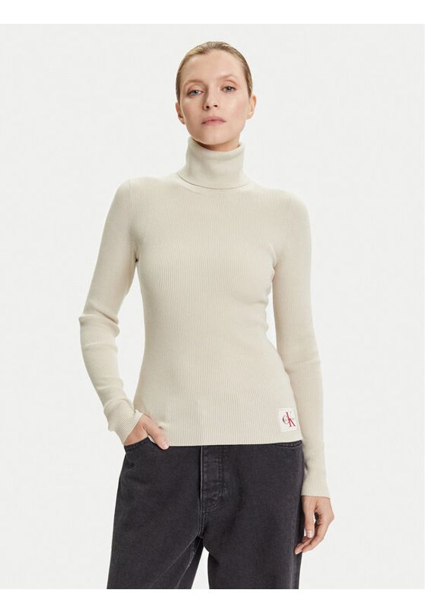 Calvin Klein Jeans Golf LV047D350G Beżowy Regular Fit. Typ kołnierza: golf. Kolor: beżowy. Materiał: bawełna