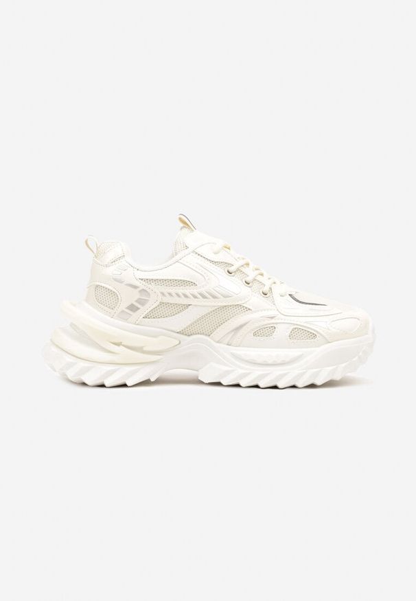Born2be - Beżowe Sneakersy na Grubej Tłoczonej Podeszwie z Geometrycznym Wzorem Deoliriel. Okazja: na co dzień. Zapięcie: sznurówki. Kolor: beżowy. Materiał: jeans. Wzór: geometria
