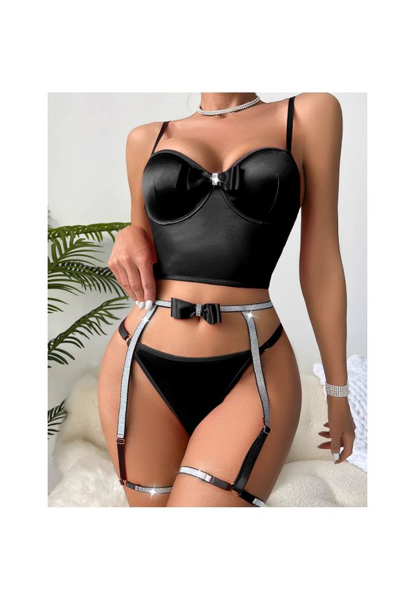 Intica - Komplet bielizny z body i pasem do pończoch z kokardą Iside. Kolor: czarny. Materiał: materiał. Długość: długie