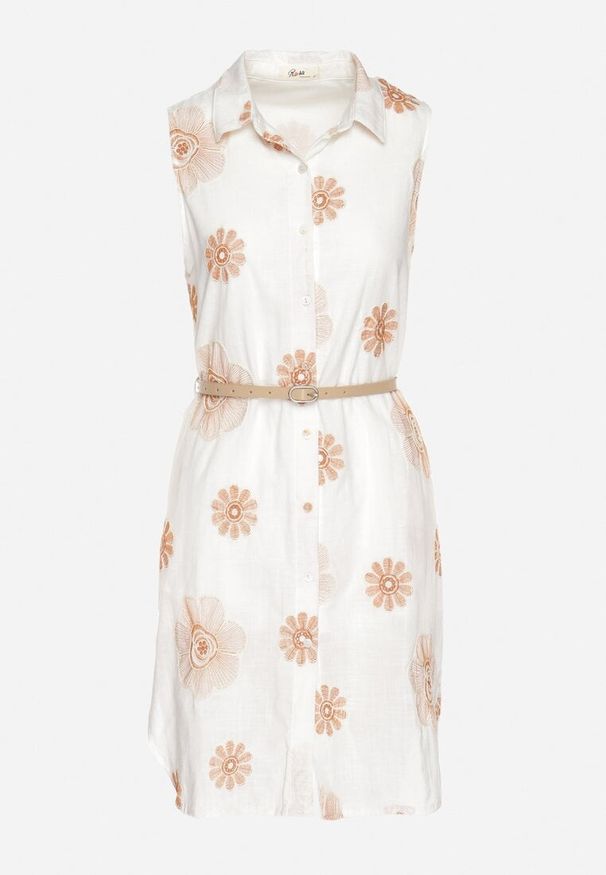 Born2be - Jasnobeżowa Bawełniana Sukienka Koszulowa w Haftowane Kwiaty z Paskiem z Klamrą Turivana. Okazja: na co dzień. Kolor: beżowy. Materiał: bawełna. Wzór: haft, kwiaty. Typ sukienki: koszulowe. Styl: casual, elegancki, klasyczny