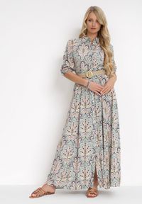 Born2be - Miętowo-Różowa Sukienka z Guzikami i Plecionym Paskiem z Klamrą Aralty. Kolor: miętowy. Długość rękawa: długi rękaw. Sezon: wiosna, lato. Typ sukienki: koszulowe #2