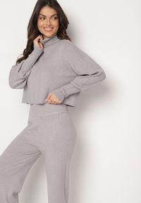 Born2be - Szary Komplet Dzianinowy z Wiskozą Bluza Golf ze Ściągaczami i Szerokie Spodnie Noridra. Kolor: szary. Materiał: dzianina, wiskoza #4
