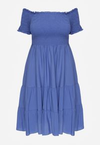 Renee - Niebieska Letnia Sukienka z Bawełny o Fasonie Hiszpanki z Rozkloszowanymi Falbanami Lorania. Okazja: na co dzień. Typ kołnierza: dekolt hiszpanka. Kolor: niebieski. Materiał: bawełna. Wzór: aplikacja. Sezon: lato. Styl: casual, elegancki #3