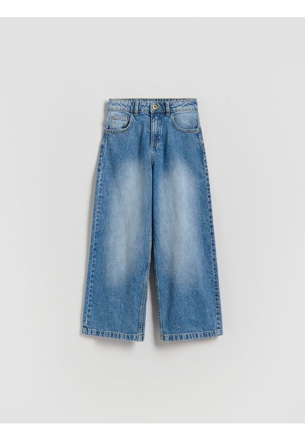 Reserved - Jeansy wide leg z opraniem - niebieski. Kolor: niebieski