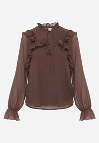 Born2be - Brązowa Romantyczna Bluzka z Falbankami i Wiązaniem przy Dekolcie Zeaniyana. Okazja: na co dzień, na spotkanie biznesowe, na spacer. Typ kołnierza: kołnierz z falbankami. Kolor: brązowy. Materiał: jeans, poliester. Styl: casual, biznesowy #5