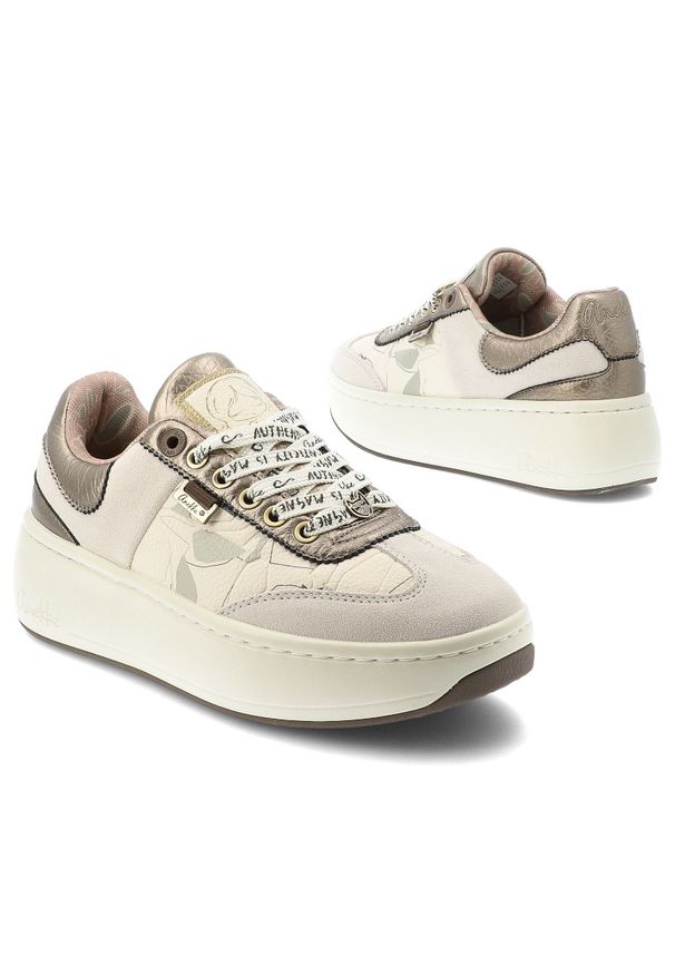 Sneakersy damskie Anekke, cholewka ze skóry naturalnej sznurowane na solidnej podeszwie, beżowe, 42370-491. Okazja: na co dzień. Zapięcie: sznurówki. Kolor: beżowy. Materiał: skóra. Szerokość cholewki: normalna. Wzór: nadruk