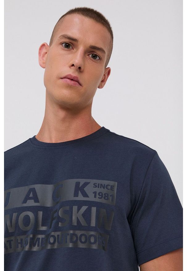 Jack Wolfskin - T-shirt. Okazja: na co dzień. Kolor: niebieski. Materiał: bawełna. Wzór: nadruk. Styl: casual