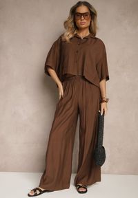Renee - Brązowy Komplet z Wiskozy o Kroju Oversize Koszula i Spodnie Dovaraella. Kolor: brązowy. Materiał: wiskoza #5