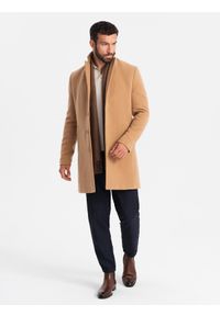 Ombre Clothing - Jednorzędowy długi męski płaszcz w stylu garniturowym – jasnobrązowy V3 - Rozmiar: XXL. Kolor: brązowy. Materiał: tkanina, poliester, materiał. Długość: długie. Wzór: jednolity. Styl: elegancki #6
