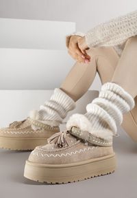 Born2be - Beżowe Śniegowce na Grubej Podeszwie z Frędzlami i Haftem Linodis. Okazja: na spacer, na co dzień. Kolor: beżowy. Materiał: jeans. Wzór: haft. Sezon: jesień. Styl: casual #1