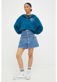Tommy Jeans bluza DW0DW13570.9BYY damska kolor turkusowy z kapturem z aplikacją. Typ kołnierza: kaptur. Kolor: turkusowy. Materiał: bawełna, dzianina. Długość rękawa: długi rękaw. Długość: krótkie. Wzór: aplikacja #3