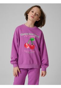 4f - 4F Bluza dresowa loose bez kaptura dziewczęca - fioletowa 146/152 (10-12 lat). Okazja: na spacer, na co dzień, na uczelnię. Typ kołnierza: bez kaptura. Kolor: fioletowy. Materiał: dresówka. Sezon: lato. Styl: casual #1