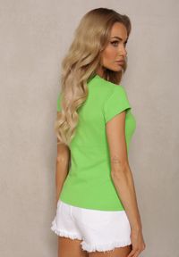Renee - Jasnozielony T-shirt z Bawełny Koszulka z Krótkim Rękawem z Dekoltem Ozdobionym Napami Fulana. Kolor: zielony. Materiał: bawełna. Długość rękawa: krótki rękaw. Długość: krótkie. Wzór: aplikacja. Styl: elegancki