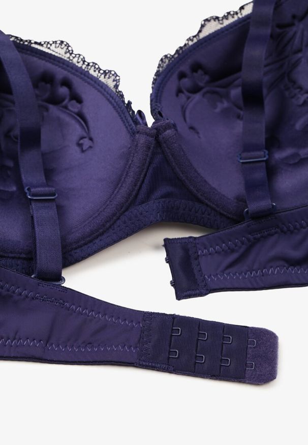 Born2be - Granatowo-Różowy Koronkowy Biustonosz Ozdobiony Kokardką Ezanzee. Kolor: niebieski. Materiał: koronka. Rodzaj stanika: różne sposoby noszenia, odpinane ramiączka. Wzór: aplikacja