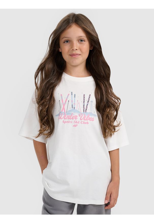 4f - 4F T-shirt loose z nadrukiem dziewczęcy - biały 158/164 (12-14 lat). Okazja: na co dzień. Kolor: biały. Materiał: bawełna, materiał. Wzór: nadruk. Sezon: lato. Styl: casual