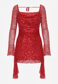 Born2be - Czerwona Cekinowa Sukienka VICES o Dopasowanym Kroju z Wiązaniem Adrasalphia. Kolor: czerwony. Styl: klasyczny, elegancki #5