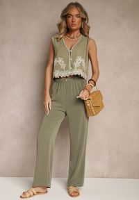 Renee - Zielone Wiskozowe Spodnie High Waist o Prostym Fasonie Saliella. Okazja: na co dzień. Stan: podwyższony. Kolor: zielony. Materiał: wiskoza. Sezon: lato, wiosna. Styl: casual, elegancki