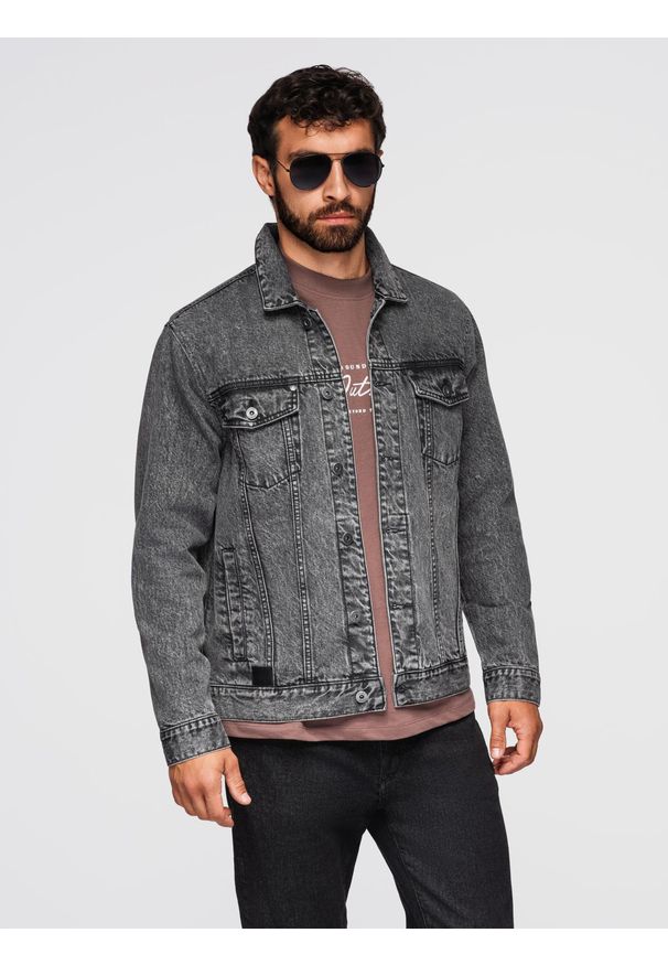 Ombre Clothing - Jeansowa męska kurtka katana z washem – grafitowa V5 - Rozmiar: L. Okazja: na co dzień. Kolor: szary. Materiał: jeans. Styl: casual
