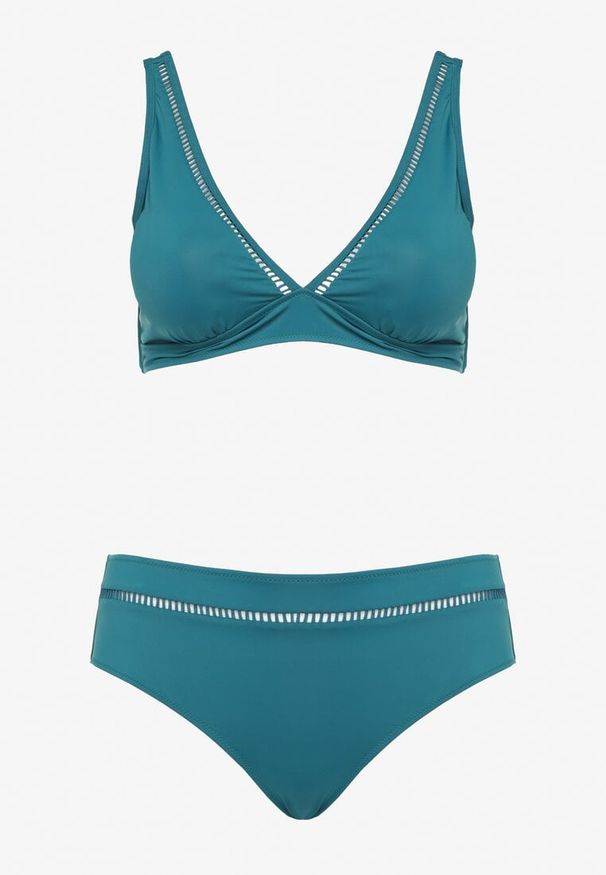 Born2be - Ciemnozielone Bikini Biustonosz i Majtki Typu Figi z Ażurowym Wzorem Lunella. Kolor: zielony. Wzór: ażurowy