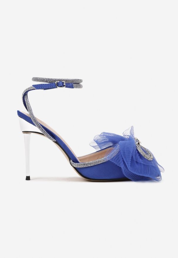 Renee - Niebieskie Sandały Alhan. Nosek buta: szpiczasty. Zapięcie: pasek. Kolor: niebieski. Materiał: tiul, satyna. Wzór: aplikacja. Obcas: na obcasie. Styl: elegancki. Wysokość obcasa: wysoki