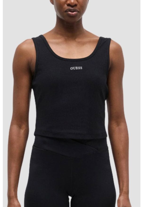 Guess - GUESS Czarny damski tank top Circe, Rozmiar S. Okazja: na co dzień. Kolor: czarny. Materiał: materiał, prążkowany. Styl: elegancki, casual
